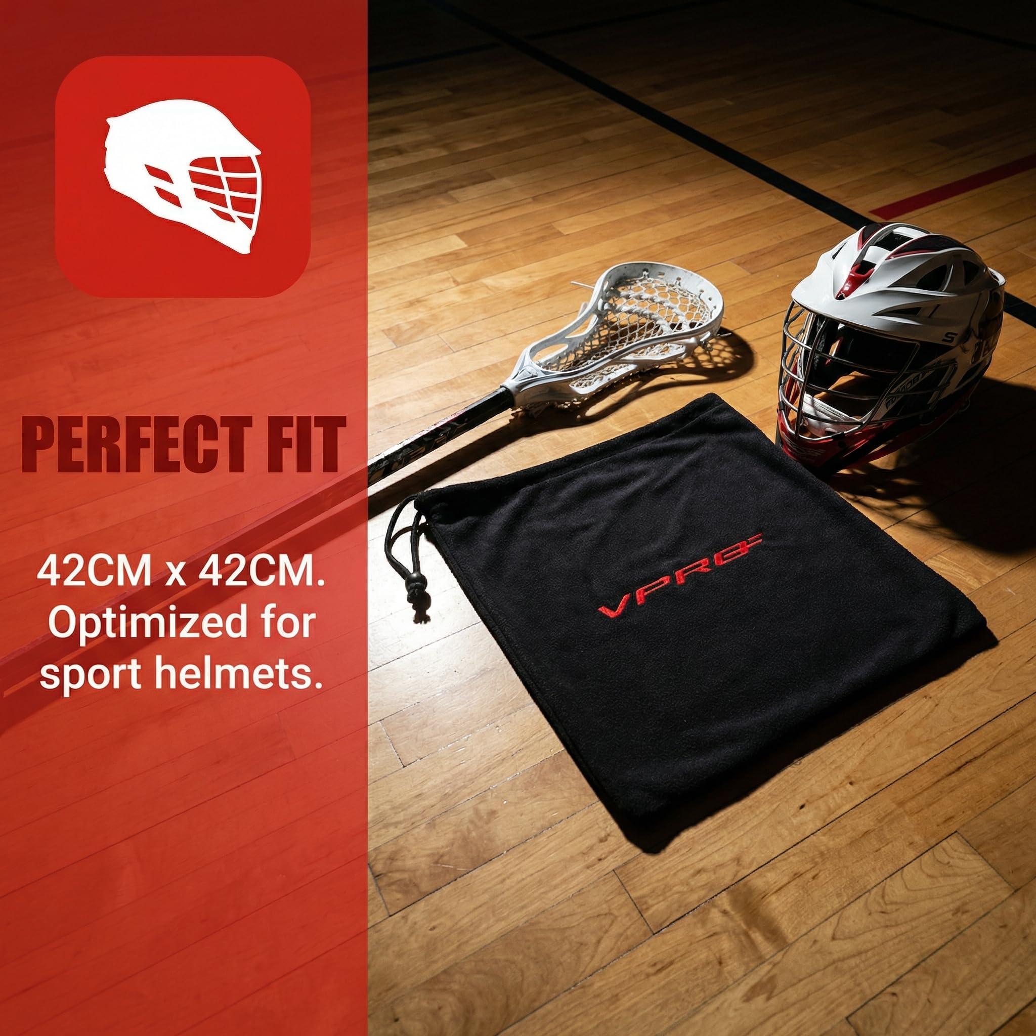VPRO Borsa per casco da hockey, in pile, nera con ricamo rosso, chiusura con coulisse, 42 cm x 42 cm