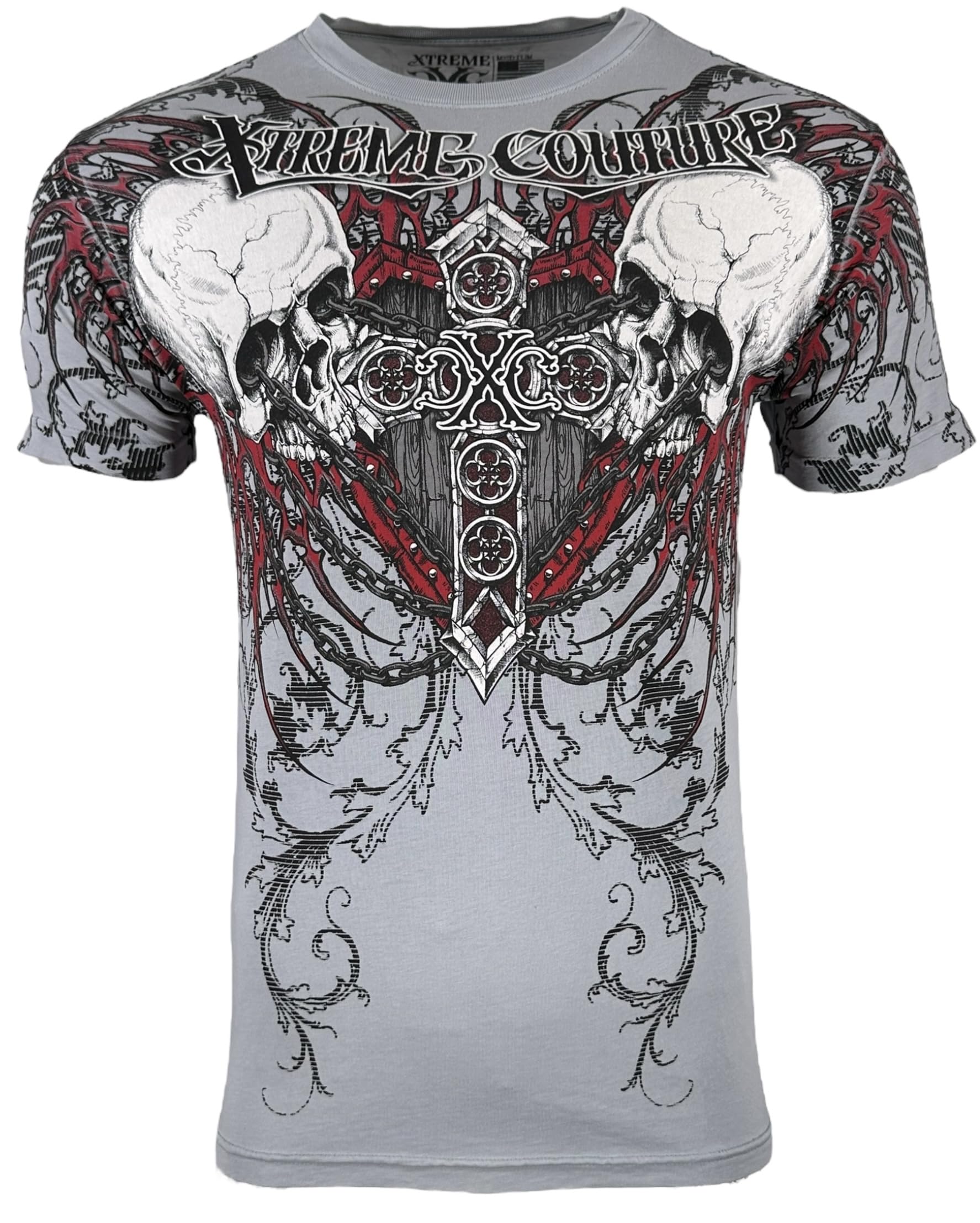 Xtreme Couture by Affliction Men's T-Shirt Repent, Gothic Cross Skull Design, Short Sleeve, Gray, Gray, XXXXL