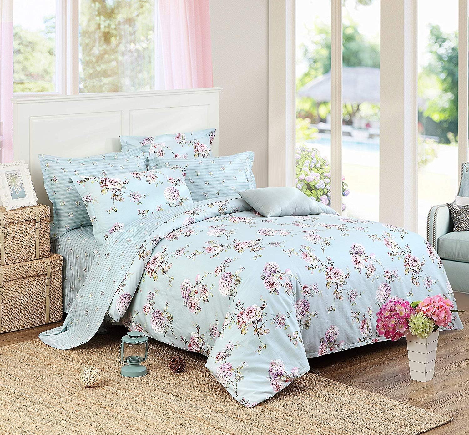 FADFAY Dorm Bedding 5-Pcs Bed in a Bag Set Twin XL Target Shabby Bedding Blue Green Hydrangea Floral 100% Cotton, Twin XL 5-Pieces for College Room