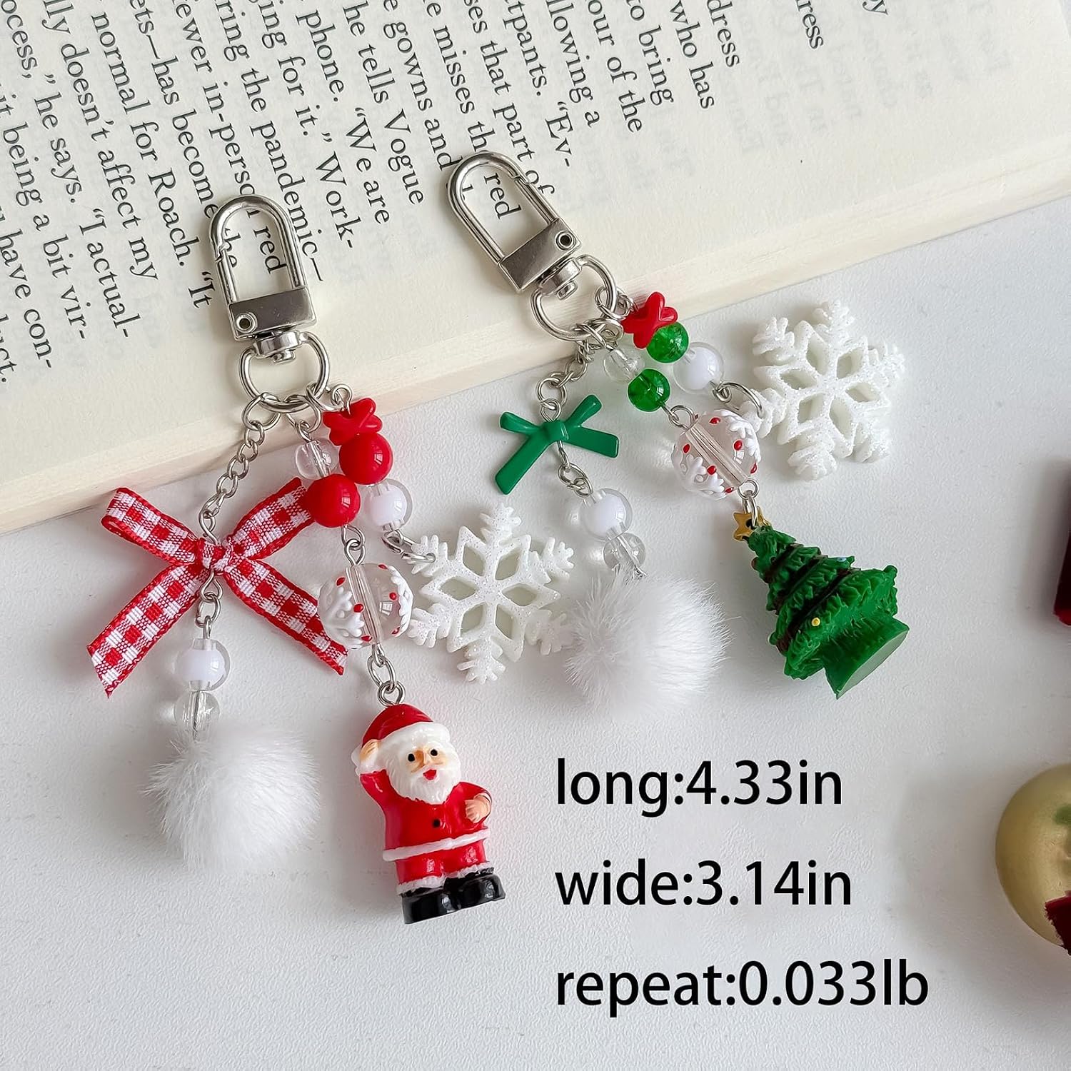 Christmas Keychains For Women, Checkered Bow Tie Snowflake Santa Claus Plush Beads Charm Gift Accessories image 5