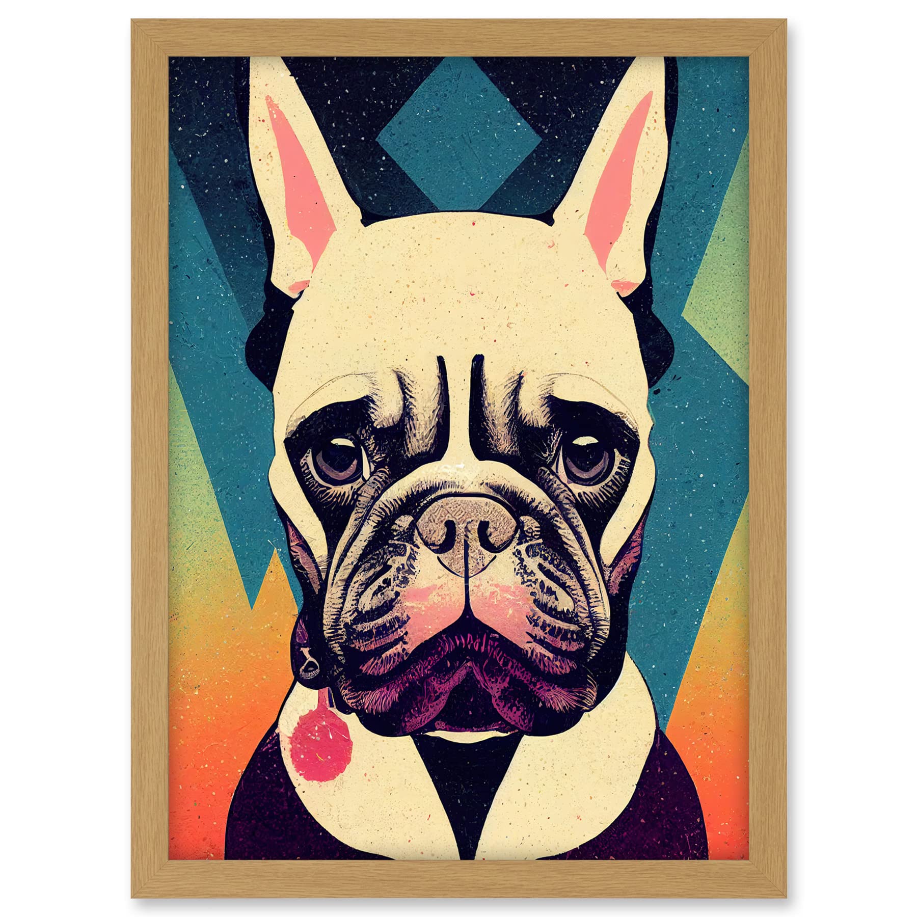 Wee Blue Coo French Bulldog Portrait Geometric Pastel Modern Illustration Artwork Framed A3 Wall Art Print