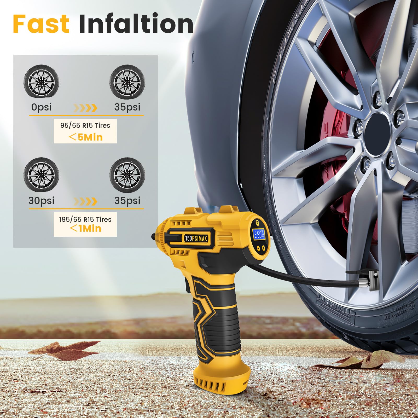 Skeufy Autoreifenfüller Luftkompressor, Tragbare Kabellose Reifenpumpe, 150psi Handheld Autoreifenpumpe mit LED-Licht, USB Wiederaufladbarer Akku, 3 Düsen, Elektrische Luftpumpe für Auto, Motorrad