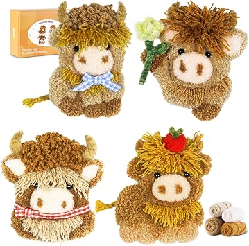 Punch Needle kit-4,Embroidery kit for Beginners,Punch Needle Kits Adults Beginner,Needles, Curved Scissors, a Tool Storage Box, Yarn, Easy-to-Follow Instructions, and Tutorial Videos4 Highland Cow