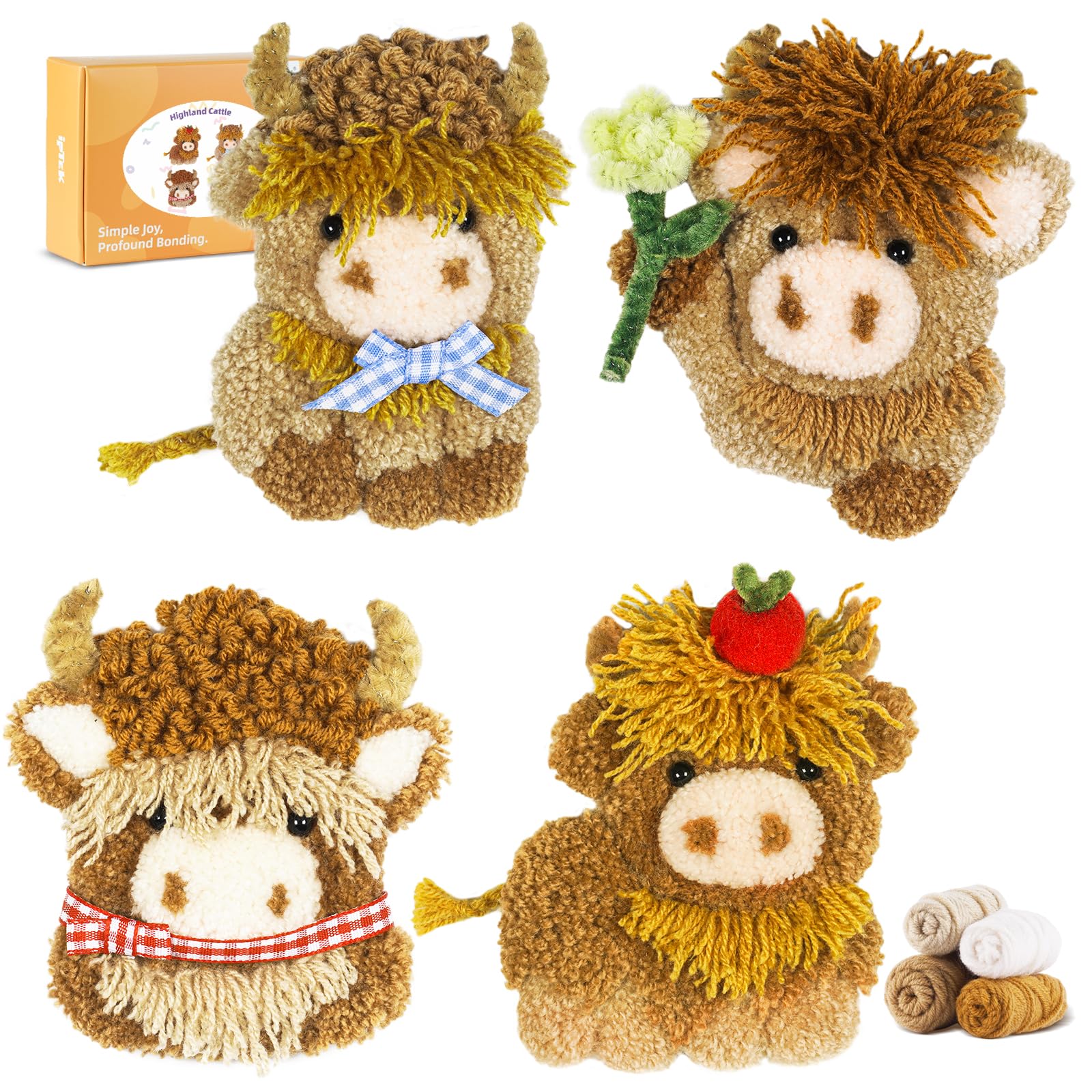 Punch Needle kit-4,Embroidery kit for Beginners,Punch Needle Kits Adults Beginner,Needles, Curved Scissors, a Tool Storage Box, Yarn, Easy-to-Follow Instructions, and Tutorial Videos(4 Highland Cow)