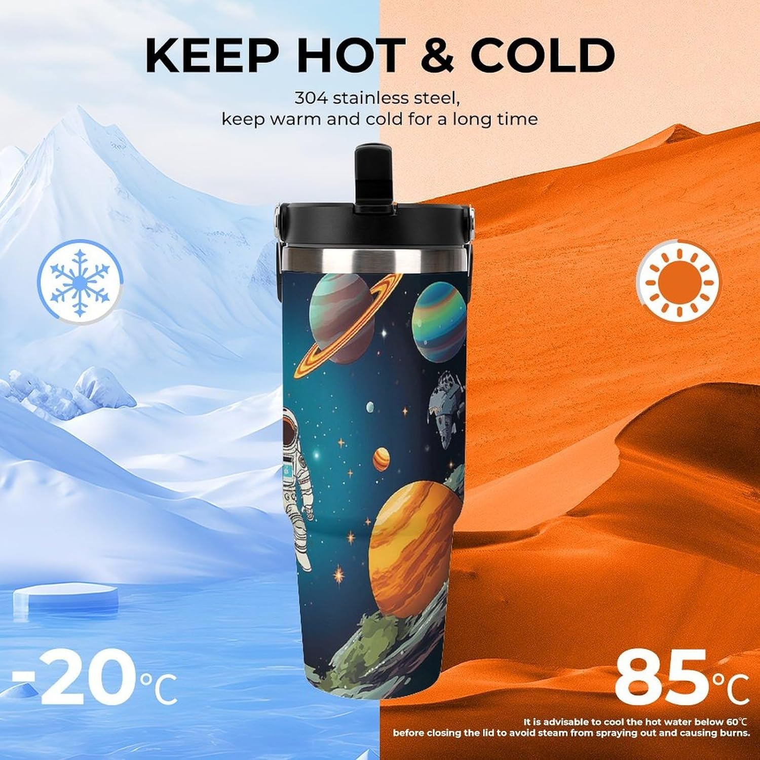 30oz Insulated Tumblers with Top Handle, Stainless Steel Outer Space Rocket Astronaut Car Cup with Straw for Gift, Leak-Proof Double Wall Vacuum Travel Mug, Personalized Water Bottles Black