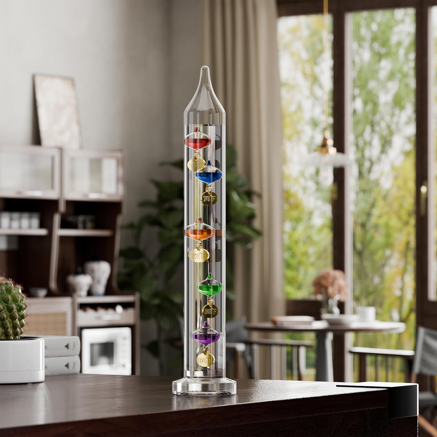 Glass Galileo Thermometer with 5 Multi Colored Balls from 64ºF to 80ºF 11inch Galileo Thermometer Gorgeous Gift for Family or Friends Present Home, Office Indoor and Outdoor Décor