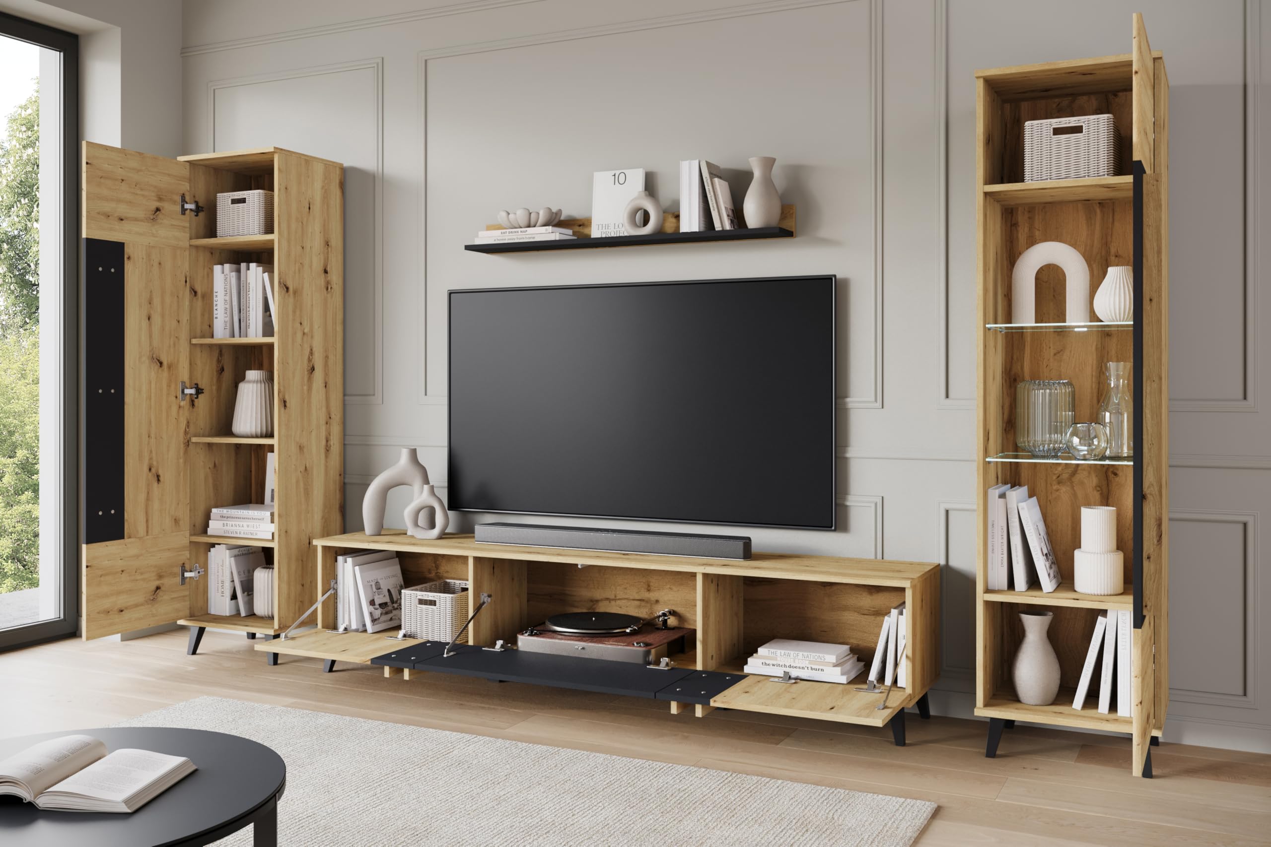 Conjunto Muebles de Salon Modernos Helsinki II - Juego de Mueble TV Salon, Dos Armarios Colgantes y un Estante Colgante - Comedor Completo sin LED