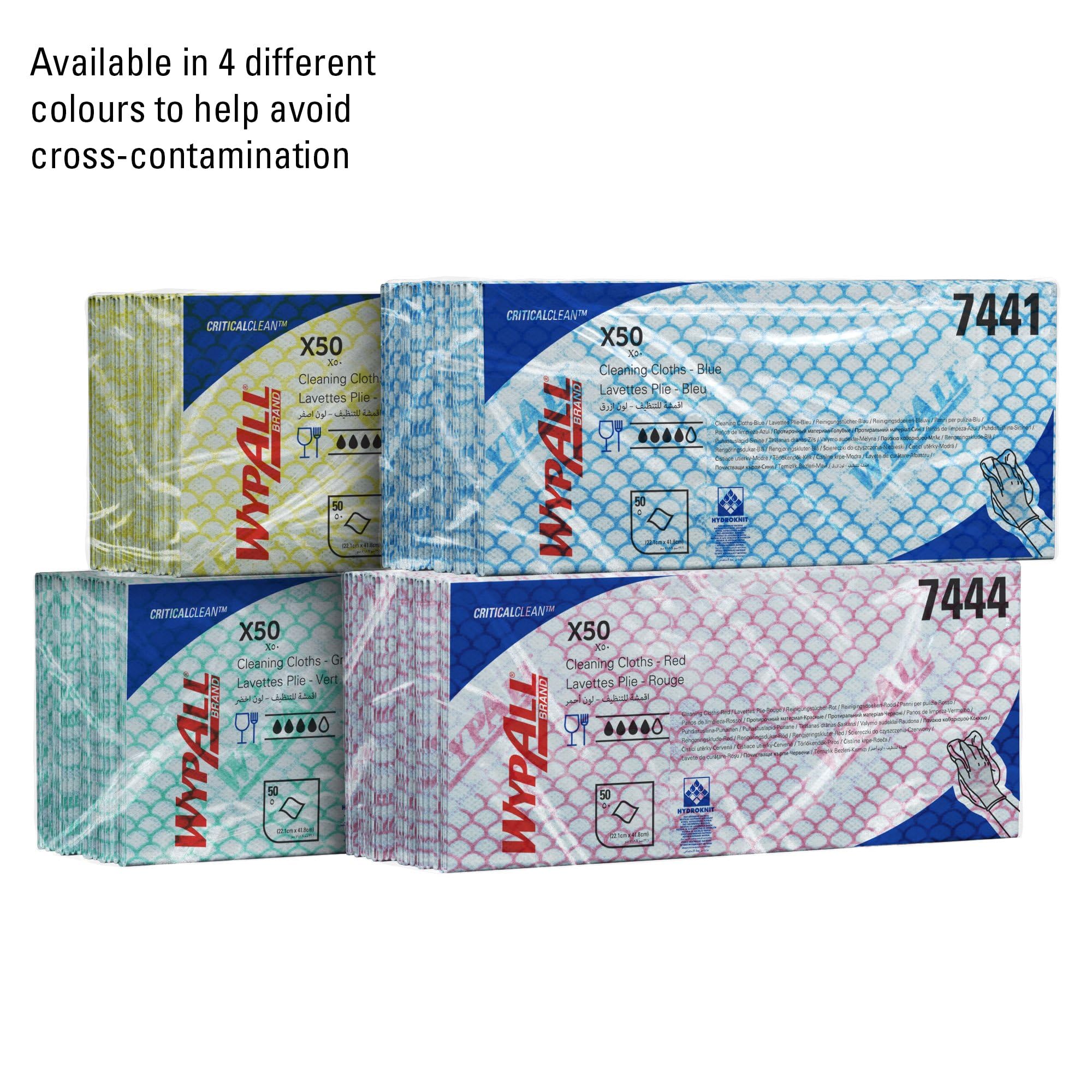 Paños de limpieza con código de color WypAll® X50 Critical Clean™ 7441 - Paños de limpieza azules - 6 paquetes x 50 paños con código de color (300 en total)