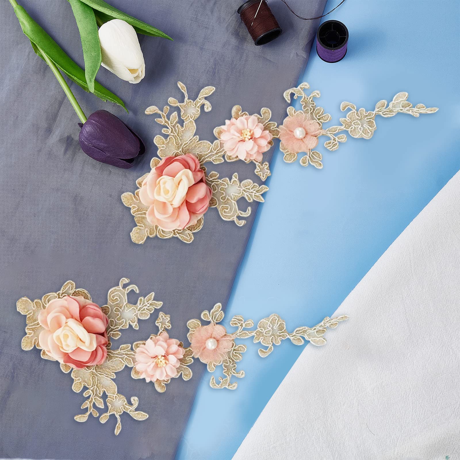 GORGECRAFT 2 Pcs 3D Blanc Fleur Applique Coudre Sur Paillettes Patchs Floral Brodé Dentelle Perles Couture Garniture Strass Floral Tissu Tulle Pour