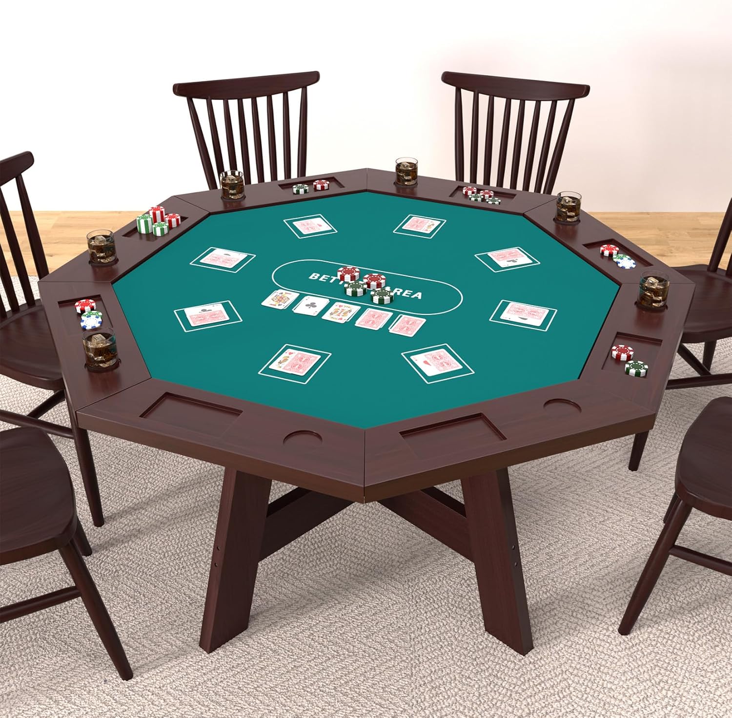 Octagonal Solid Wood Poker Table, 60 Inch 8-Player Casino Style Game Table with Built-in Cup Holders & Felt Playing Surface, Heavy-Duty for Home Game Room, Party & Entertainment