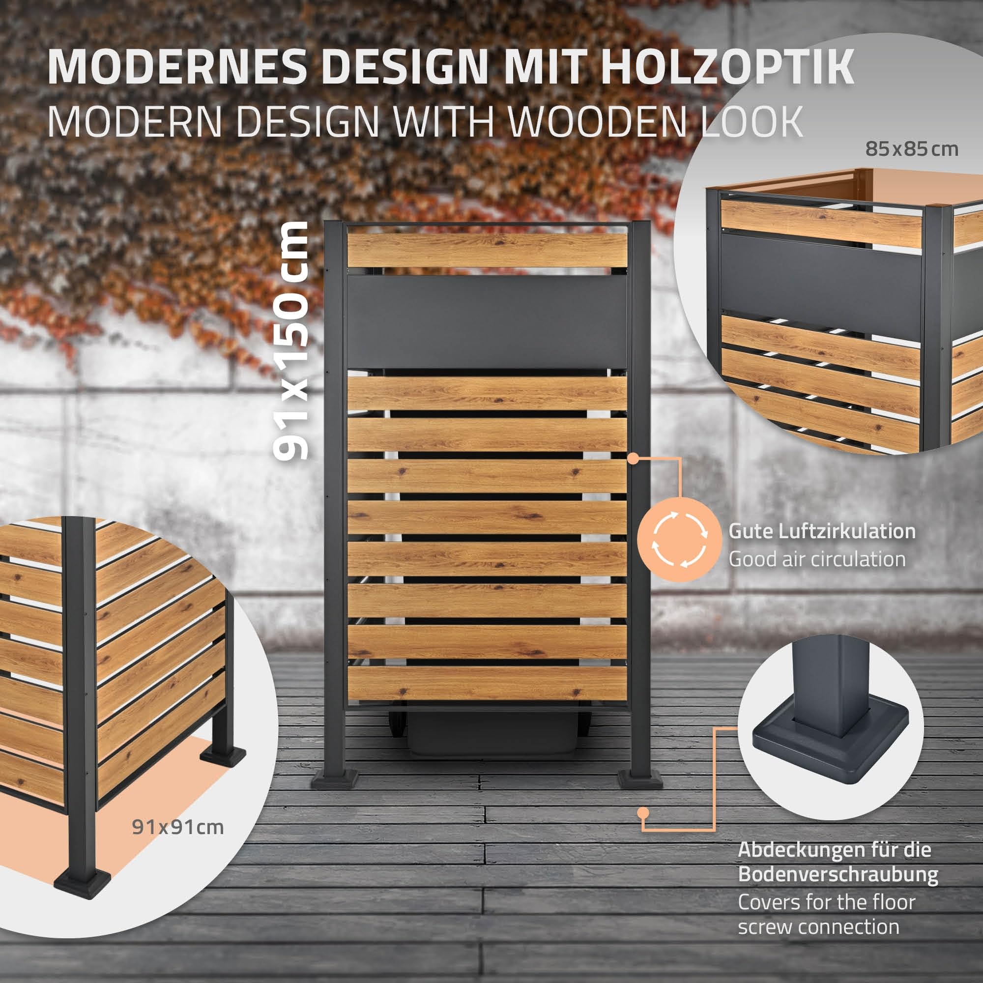 ML-Design Mülltonnenzaun für 1 Mülltonne, Anthrazit-Holzoptik, aus Stahl, 91x91x150 cm, rostfrei, massiv, erweiterbar, Mülltonnenbox Mülltonnenverkleidung Mülltonnenaufbewahrung Garten Sichtschutz