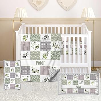 Custom Baby Crib Bedding Sets for Baby Boys Girls, Personalized Name Olive Baby Crib Set, Dotted Backing Blanket, Fitted Sheet, Baby Changing Pad Cover, 3 Pcs Nursery Decor for Newborn Infant Toddler
