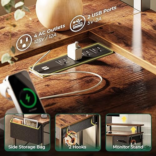 Miniatura 5 de Huuger L Shaped Desk Computer Desk with LED Lights & Power Outlets, Gaming Desk with Storage Shelves, Corner Desk Home Office Desks for Bedroom,