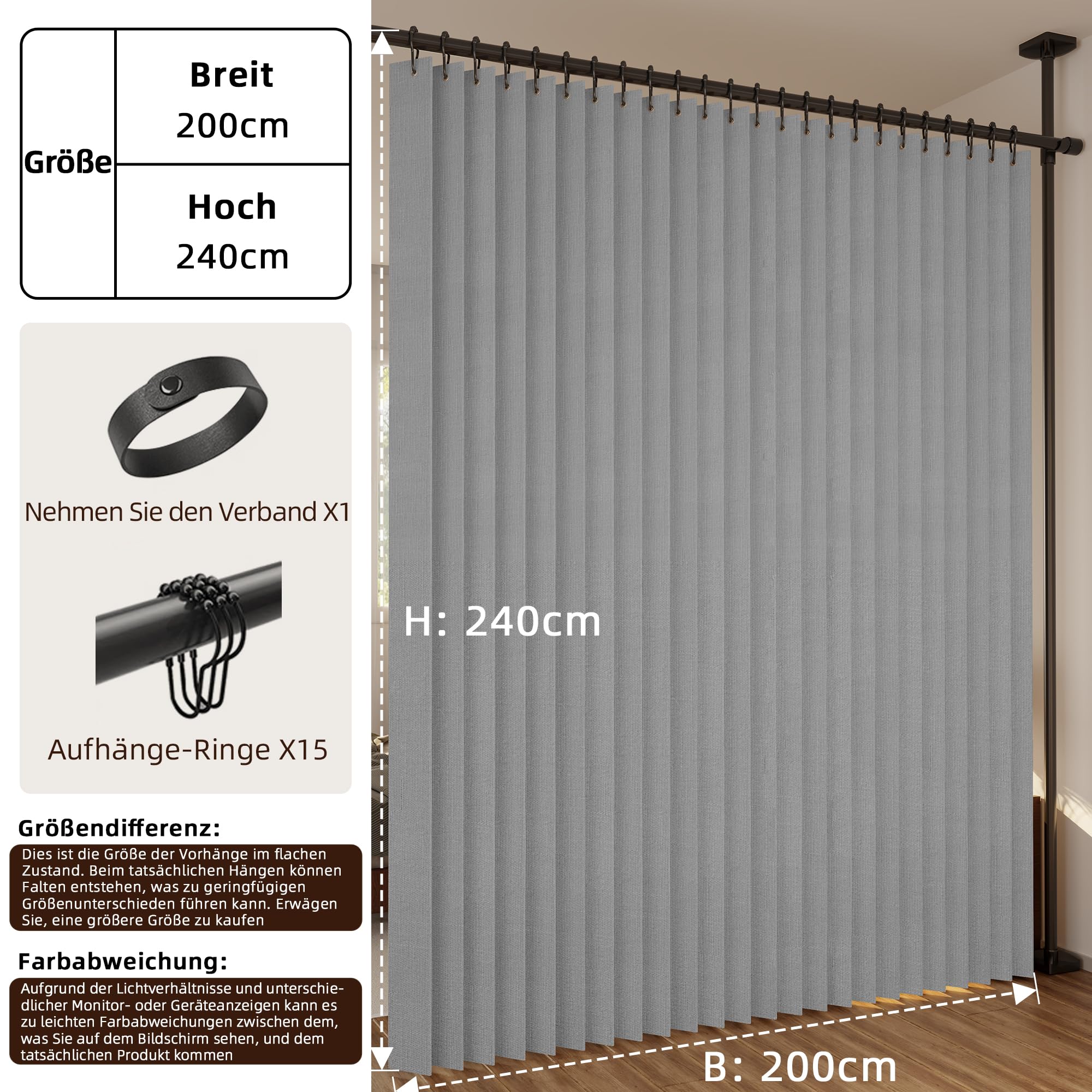 Blackout - Cortina divisoria plegable extraancha, para puerta, armario, dormitorio, oficina en casa, incluye gancho y cinta (gris, 240 x 200 cm, 1 unidad)