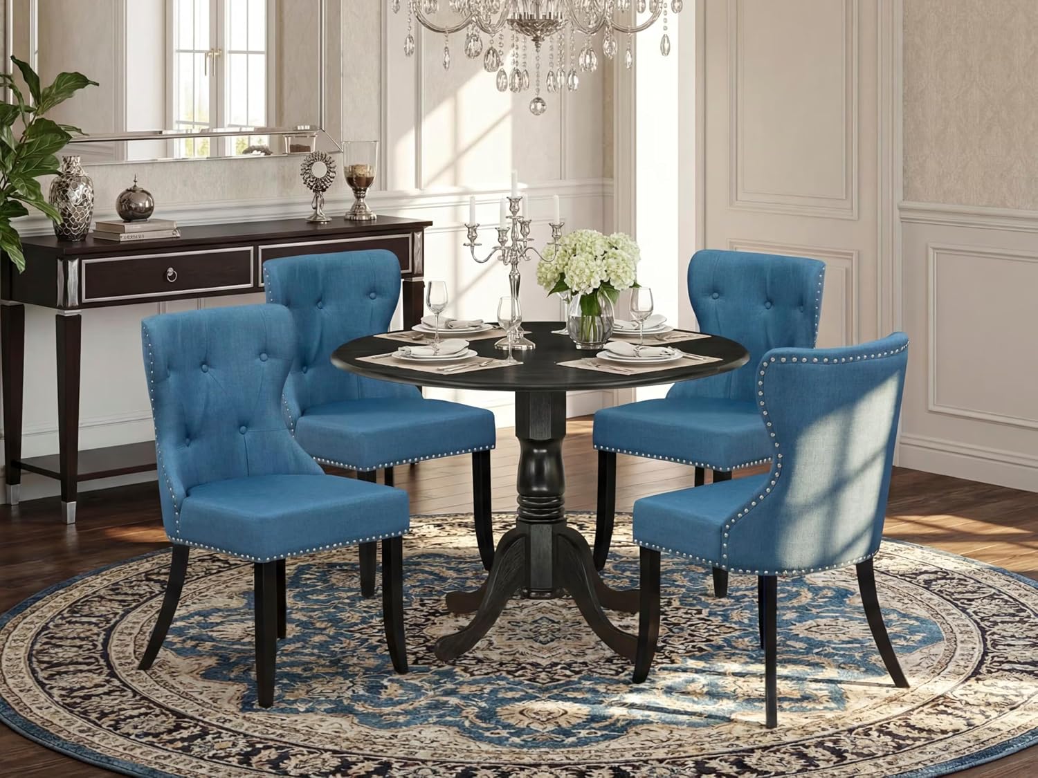 East West Furniture DLSI5-ABK-21 5 Piece Kitchen Table & Chairs Set Includes a Round Dining Room Table with Dropleaf and 4 Blue Linen Fabric Upholstered Chairs, 42x42 Inch, Wirebrushed Black