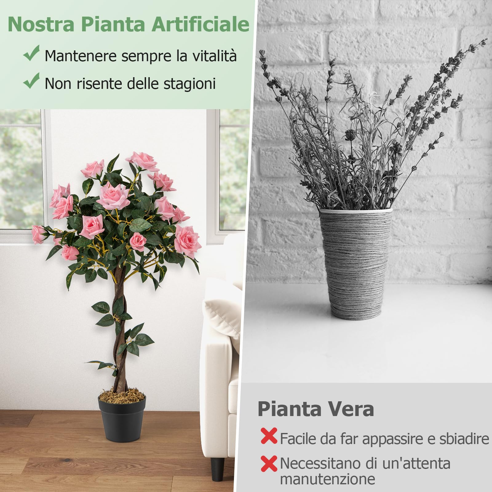 COSTWAY Albero Artificiale con Fiori, Albero di Fiori Finti da 93 CM con Rose, Vaso, Tronco in Legno Reale, Senza Manutenzione, Pianta Finta in Vaso per Ufficio, Casa e Portico