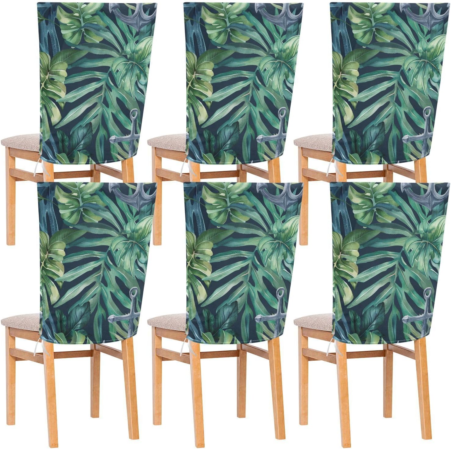 ALAZA Anchor Tropical Leaves Chair Back Cover Set of 6, Washable Reusable Removable Chair Slipcovers Decorative Chair Cover for Home Kitchen Wedding Party