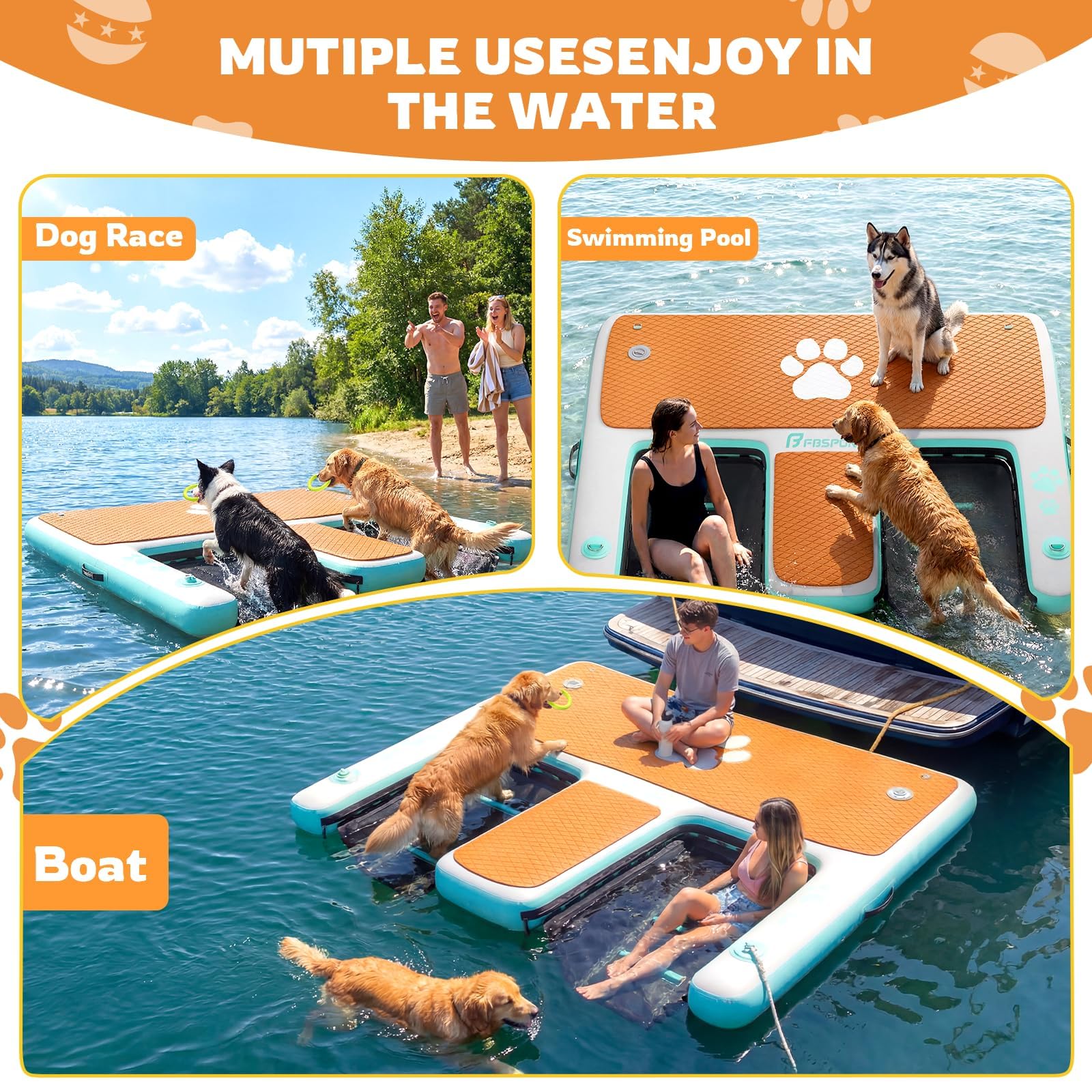 Aufblasbare Hunderampen Wasserrampe mit 2 Leiter, 150x160cm Extra Breite Dog Pool Ramp für Hunde bis zu 180 kg, rutschfeste Hundeboot Leiter Schwimmrampe Welpe Planke für Boote, Dock und Seen