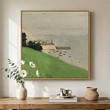Framed Green Abstract Landscape Wall Art, Modern Minimalist Coastal Canvas Prints Paintings for Walls, Rustic Nature Square Pictures for Living Room Bedroom Dining Room Bathroom Wall Decor, 24x24 In
