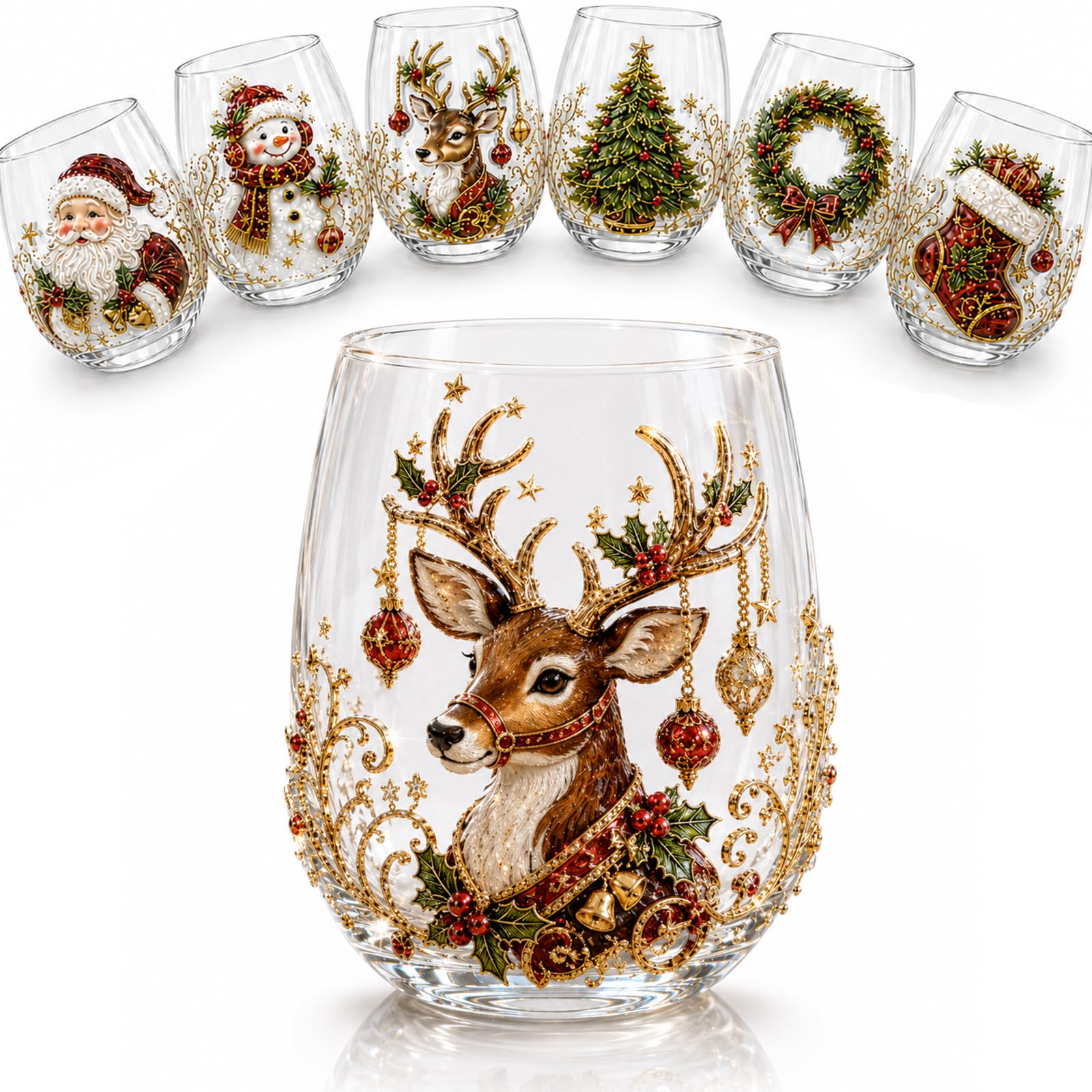 3D Christmas Glass Art Cup 3D Xmas Drinking Glass Cup Collection (Deer)