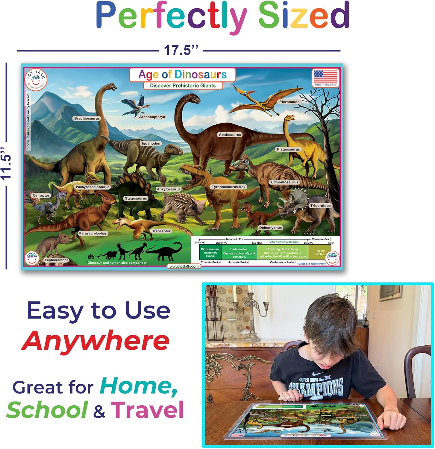 Tot Talk Age of Dinosaurs Educational Placemat for Kids – Made in USA – Durable, Double-Sided, Dinosaur Learning Placemat with Facts, Phonics & Coloring – Waterproof, Wipeable, 17.5” x 11.5”