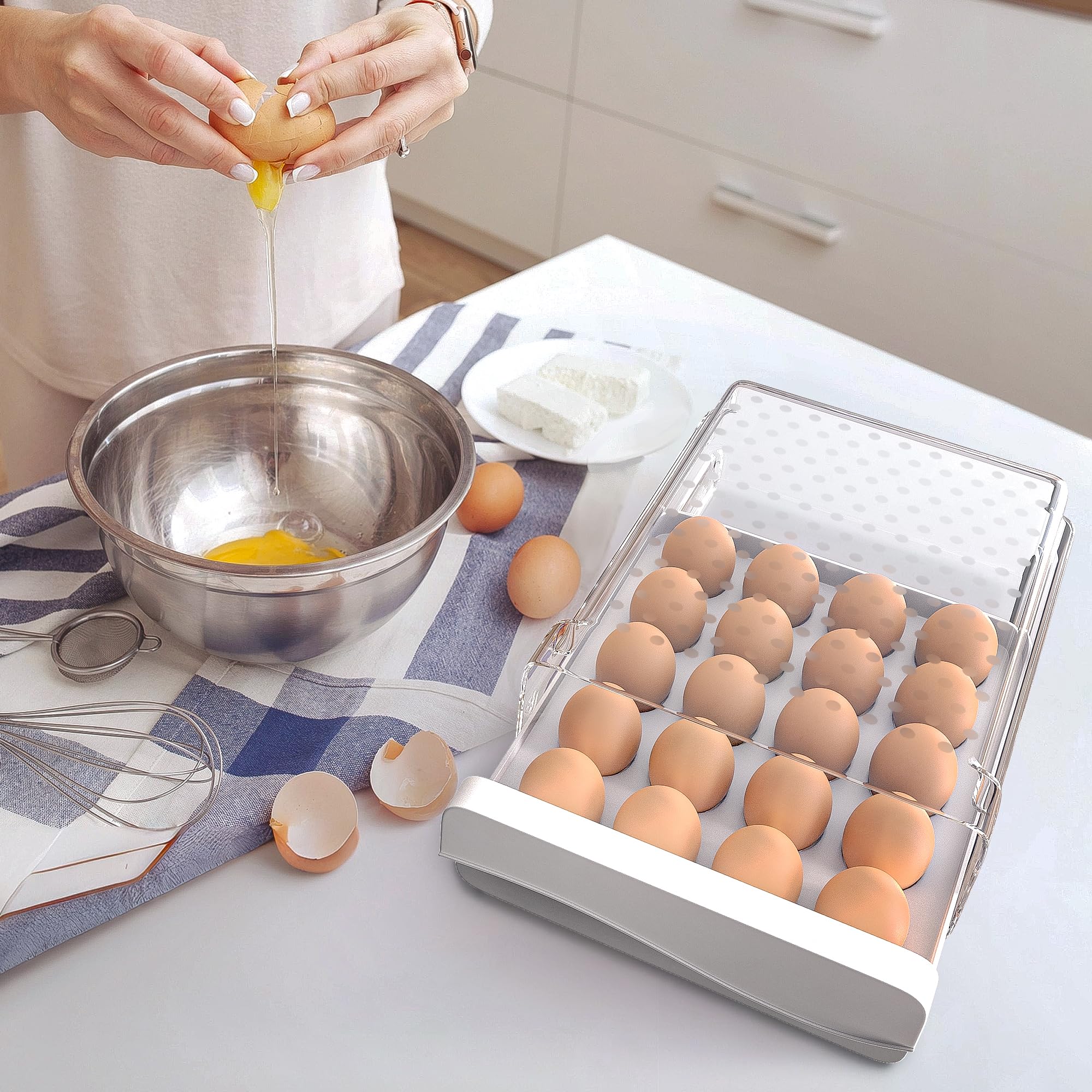 Eierbox,Eierbehälter für 20 Eier,eierbehälter für kühlschrank,Deecam Aufbewahrungsbox für Frische Eier für Kühlschrank,Eierschublade, Eierablage(1 Stück) Transparent, Weiß，Kühlschrank Organizer