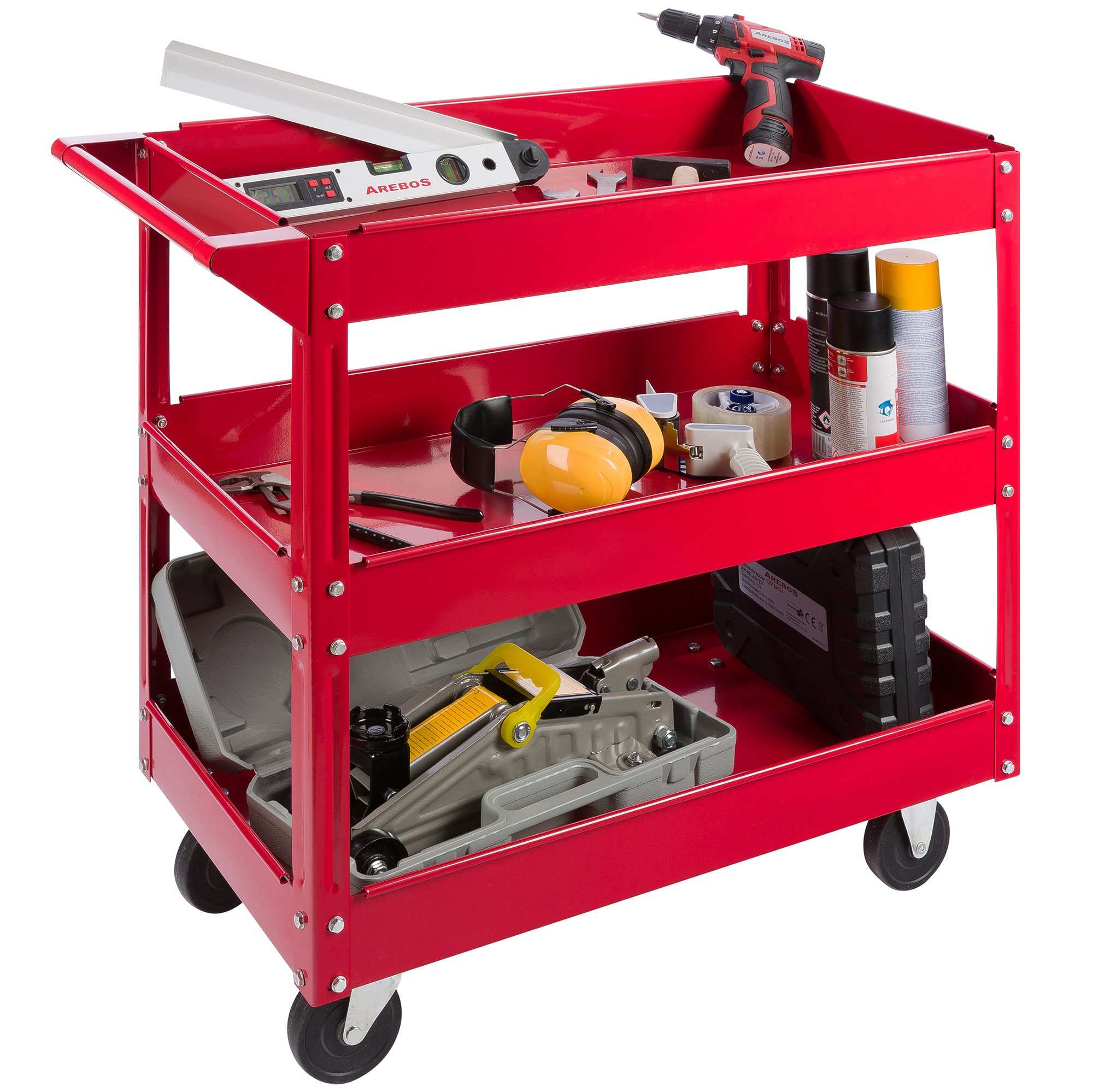 Arebos Set da 2 Carrelli da Officina con 3 Ripiani | Struttura in Acciaio Robusta | Portata fino a 120 kg | Carrello Mobile per Officina, Garage e Fai da Te