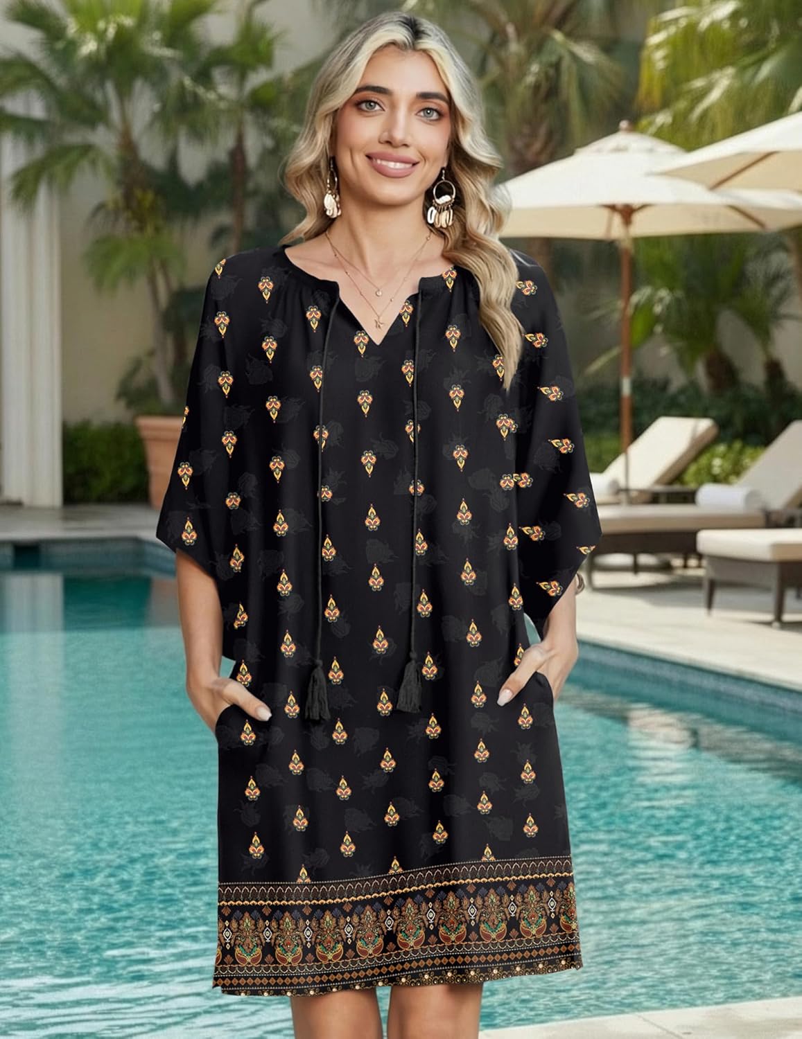 Zeagoo Womens Casual Summer Dress Boho Beach Dresses Tassel Tie Neck 2026 Floral Cover Up Spring 3/4 Sleeve Mini Sundress - Image 3