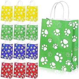 Blulu 20 Pcs Puppy Dog Paw Gift Bags with Paper Twist Handles, Dog Gift Paper Paw Treat Goodie Bags for PET Treat Party Favor, 6.3 x 3.1 x 8.6 Inch (Red Yellow Blue Green Backingwhite Paws)