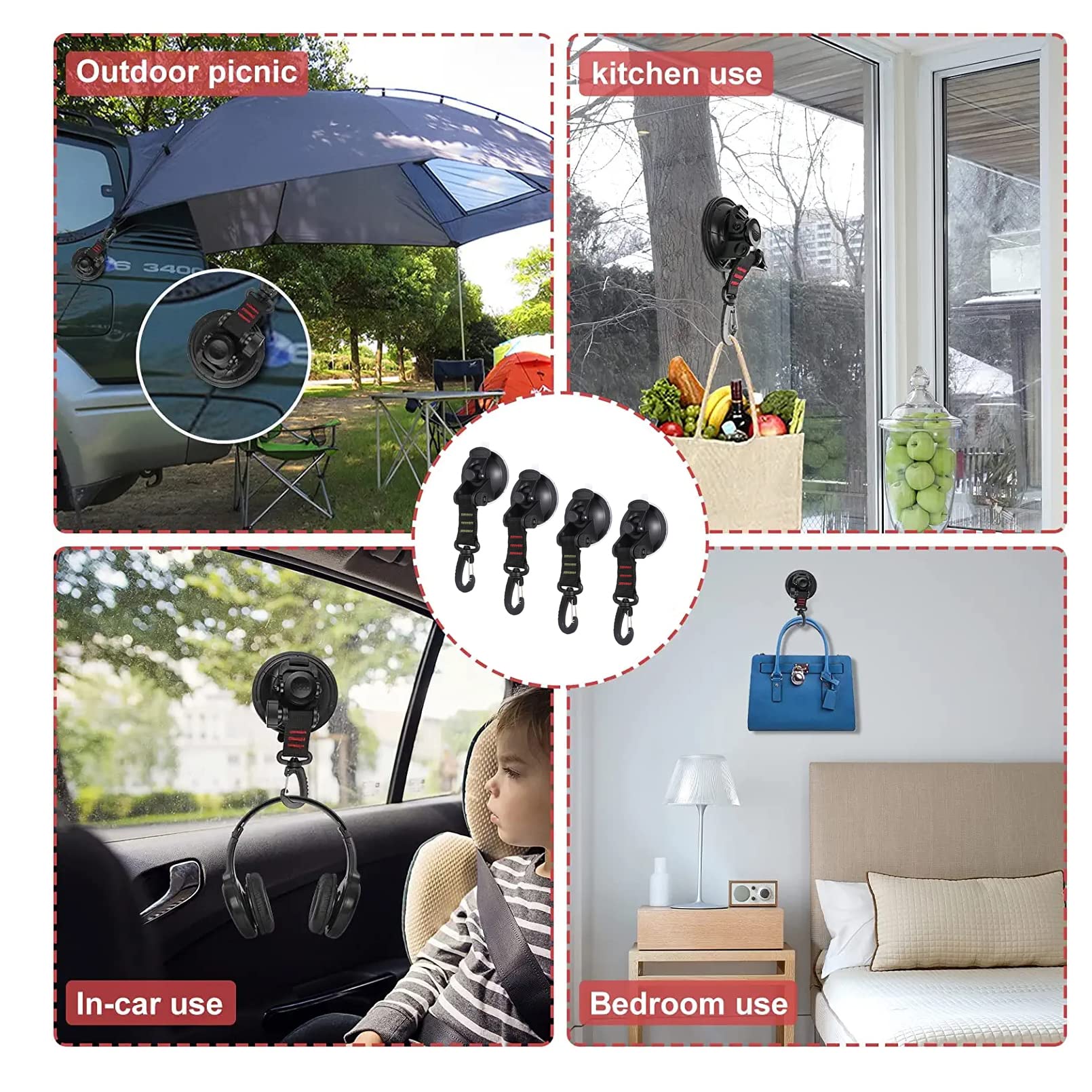 6 Pezzi Ancoraggi A Ventosa Con Gancio – Forti Ventose In PVC Per Auto, Camper, Tende Da Sole, Superfici Liscie, Carico Max 30kg - 6