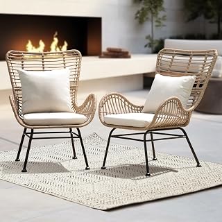IDZO Isabelle 2000 Hours UV Wicker Outdoor Chairs Set of 2 - 500lbs Capacity Patio Lounge Chairs with All-Weather Olefin Cushions, Boho Beige