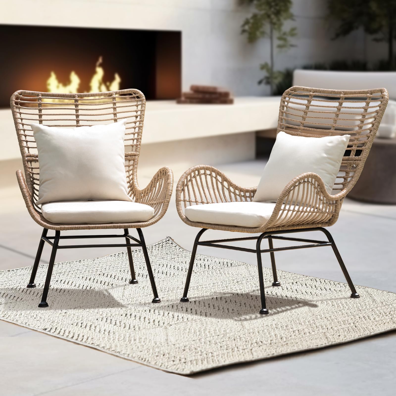 IDZO Isabelle Upgraded 2000 Hours UV Wicker Chairs Outdoor Set of 2, 500 lbs Capacity Outdoor Patio Chair, All-Weather Club Chair with Water-Resistant Olefin Cushions, Boho Style, Beige