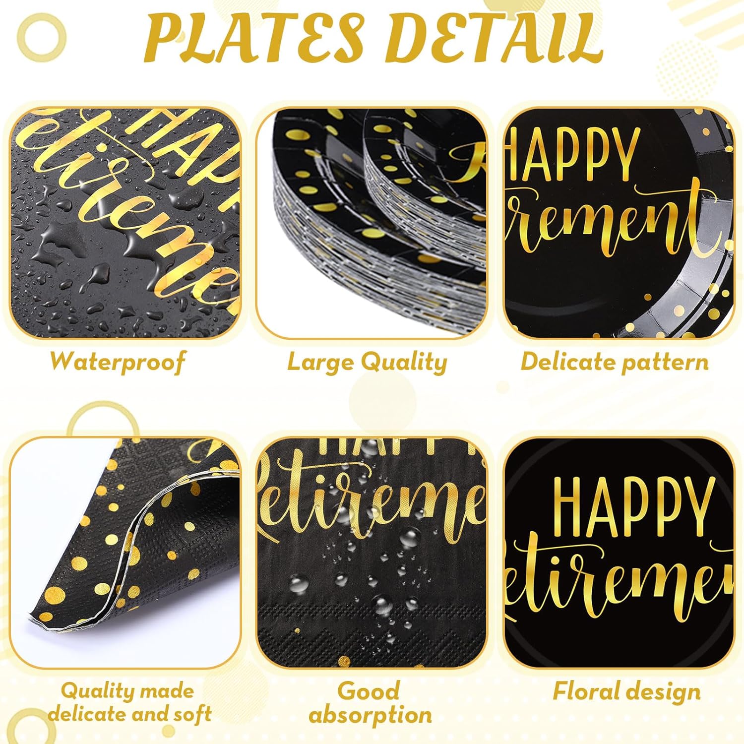 Pickmesh 192 Pcs Retirement Party Decorations Happy Retirement Paper Plates and Napkins Set with Cups and Knife Fork Spoon, Farewell Party Disposable Tableware for Guest (Gold Black)