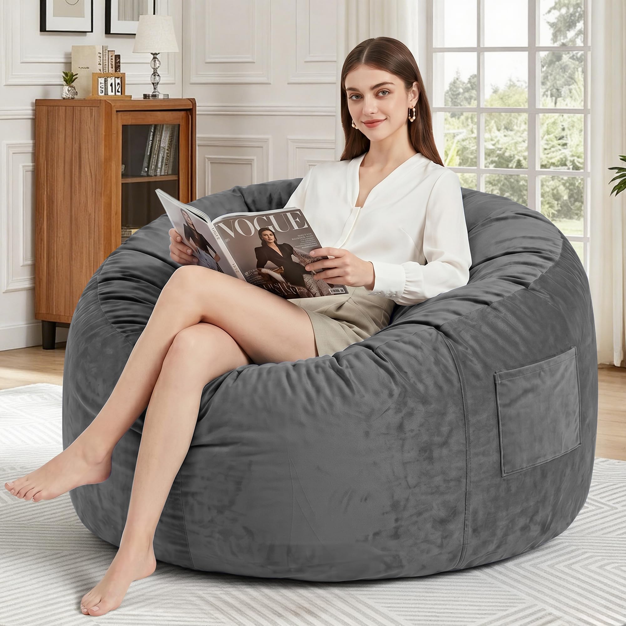 Kasunpul Sitzsack Stuhl Sitzsack Stühle für Erwachsene Riesen Sitzsäcke mit Samtbezug Bean Bag Flauschige Sitzsäcke für Wohnzimmer, Schlafzimmer, Grau, 90 x 90 x 49cm