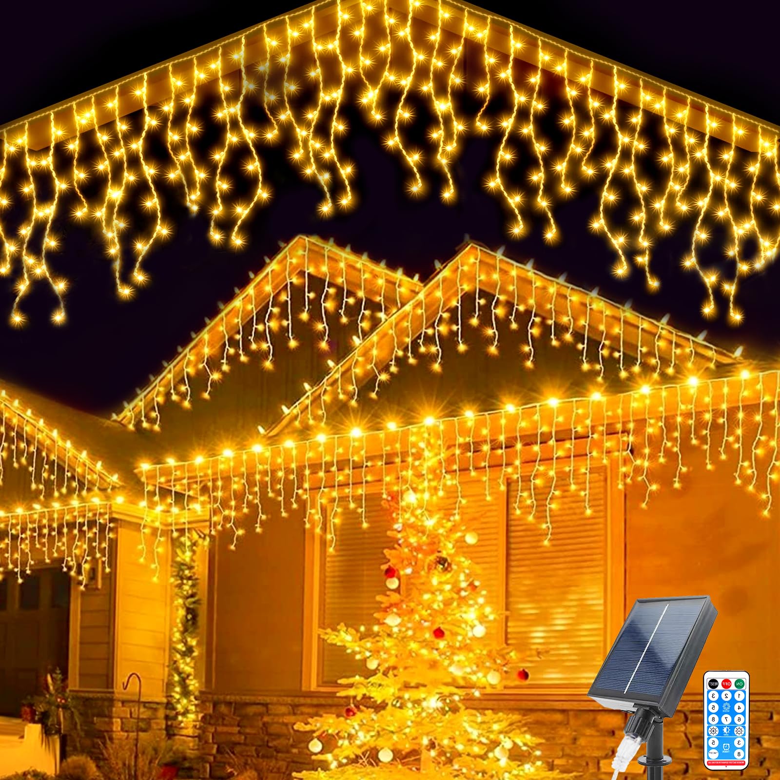 Guirnaldas Luces Solar, 8M Impermeable Cadena de Luces de Carámbano 44 Pcs Cortina de Luces Solares 8 Modos 264 LED Luces de Hadas de Cortina con Control Remoto para Vacaciones Patio Jardín Boda