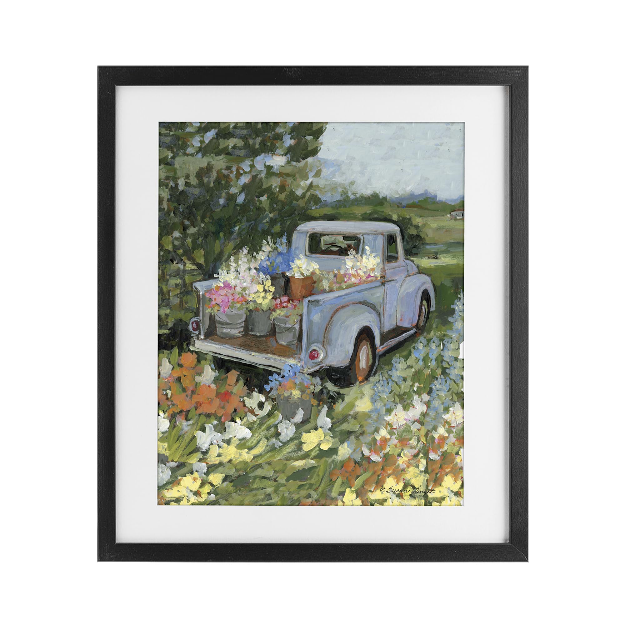 Stupell Industries Midnight Black (Textured) 'Truckin' Field With Flowers'| Framed Print Under Glass