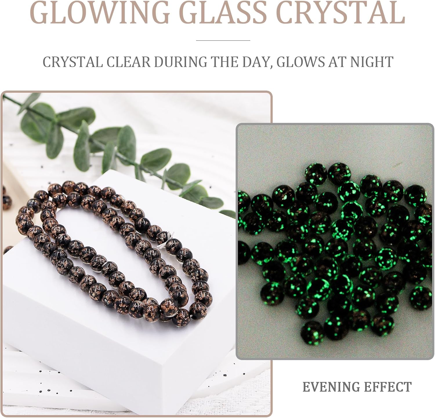 20 PCS Luminous Glass Beads 8mm Making Glow in The Dark Beads Gold Sand Round Loose Beads DIY Craft Necklace give Away Crystal Stretch Cord (Black) - Image 7