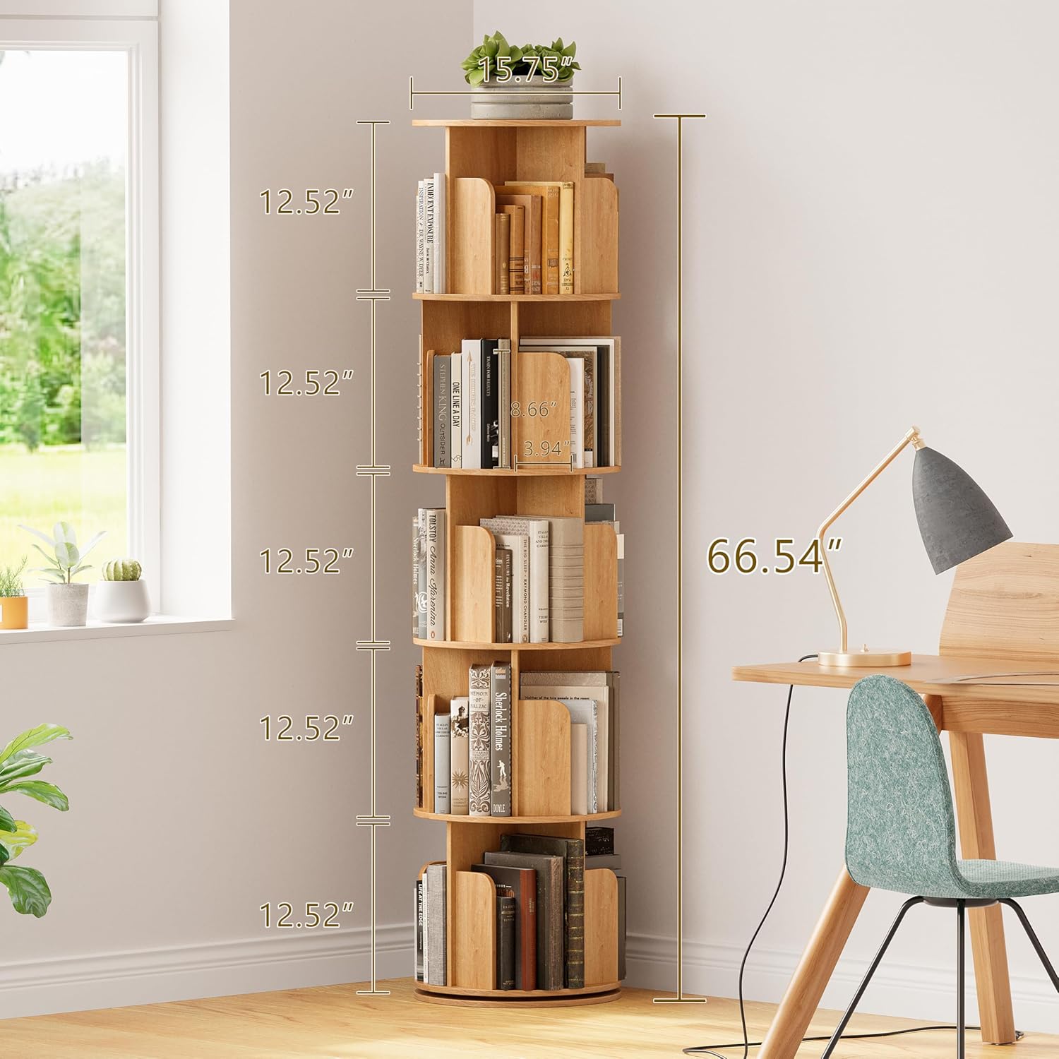 VDNEND Wooden 5 Tier Rotating Bookshelf, Spinning Bookshelf Tower,Modern Revolving Small Bookcase for Corner,Living Room,Bedroom (Natural Oak, 5-Tier)