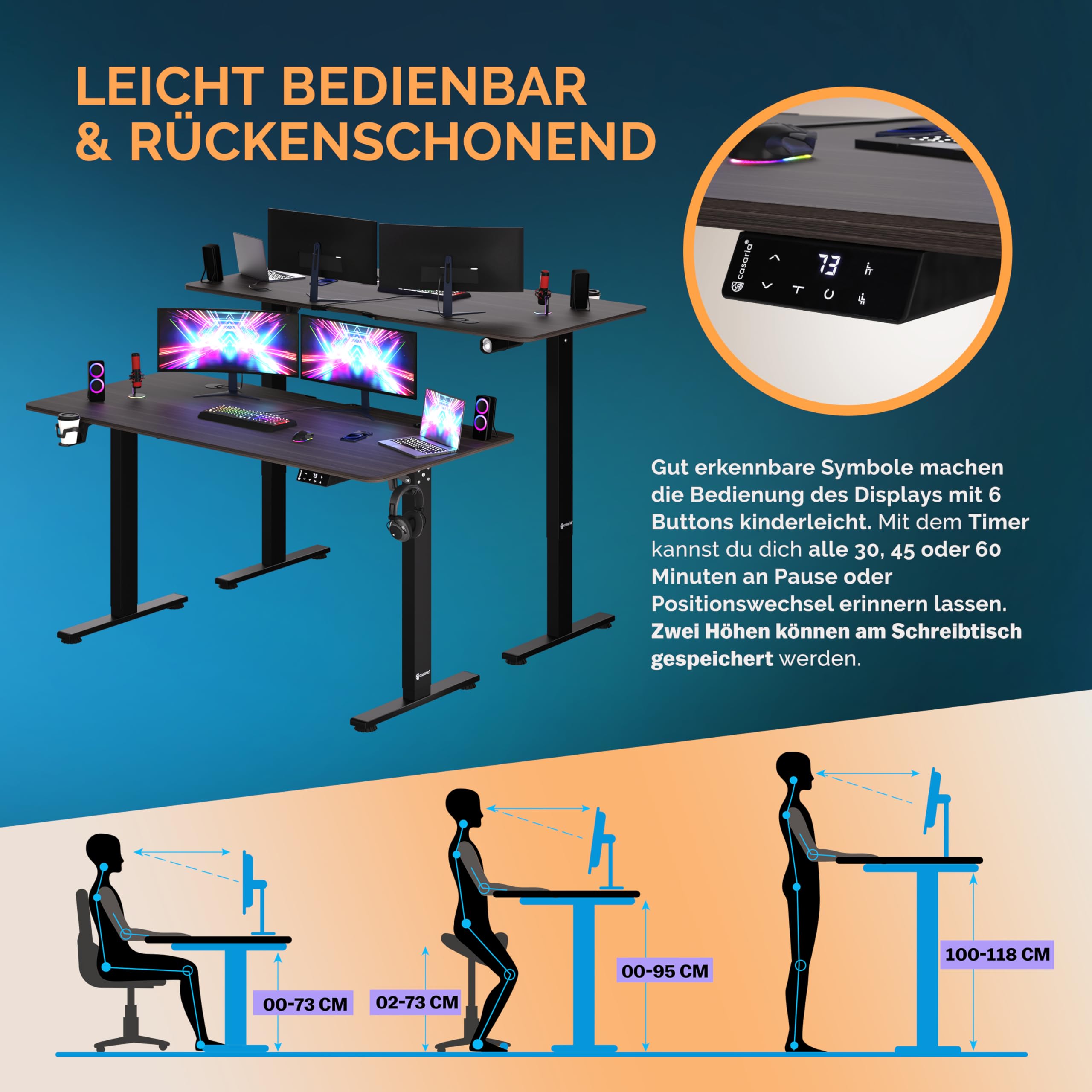 Casaria® Höhenverstellbarer Schreibtisch 140cm Beige Gestell Tischplatte Gaming Tisch LCD Display Memoryfunktion Elektrisch mit Zubehör Computertisch Büro