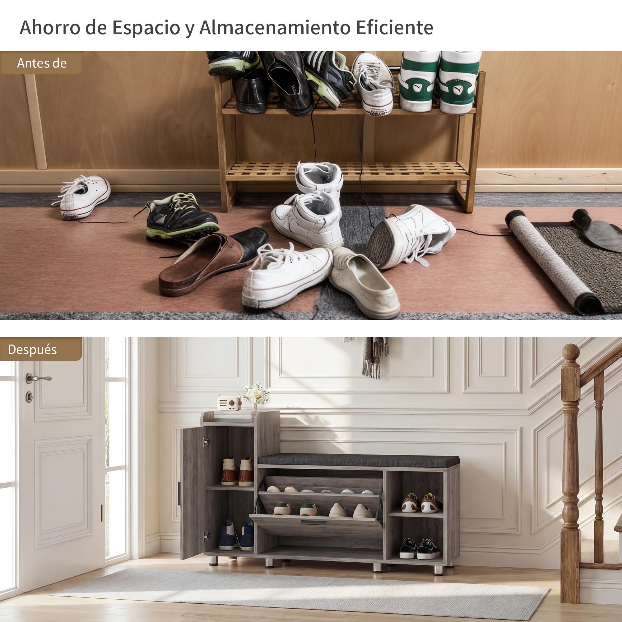 BonVache Banco Zapatero con Asiento y Solapa, Altura Ajustable, Organizador Zapatos con Armario de Almacenamiento y 3 Espacios Abiertos, para Entrada, Pasillo, recibidor, 105 x 34 x 67cm, Blanco