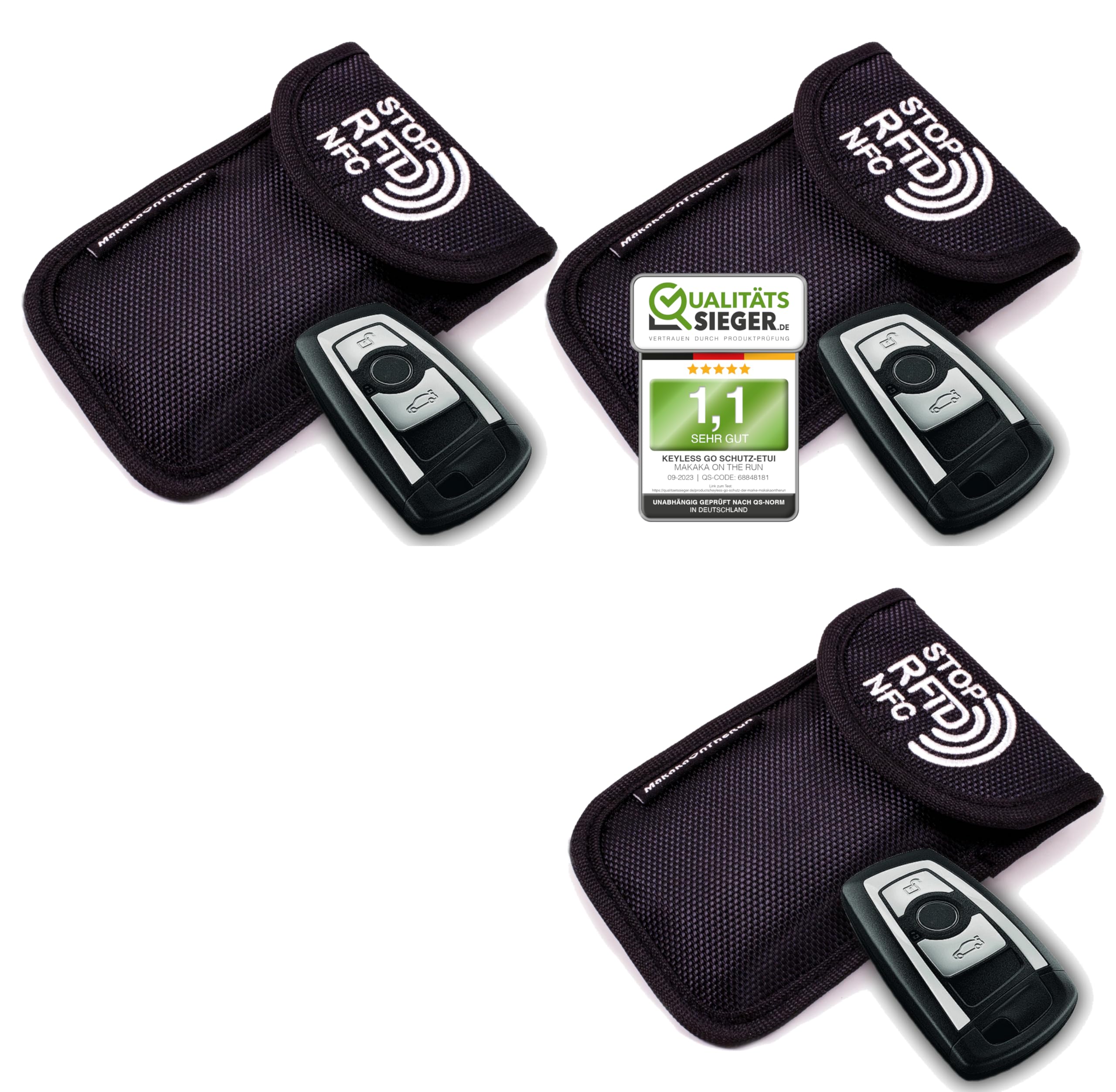 MakakaOnTheRun Keyless Go - Funda para Llave de Coche con 2 Compartimentos de protección RFID para Todos los Coches de la UE, Asia y América, Color Negro, 3 Unidades