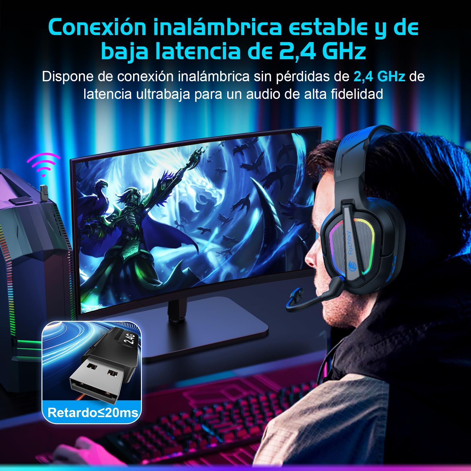 Fachixy「2025 Nuevo」FC200 Cascos Gaming Inalámbricos para PC, PS5, PS4, Auriculares Gaming Inalámbricos de 2,4GHz Wireless+Bluetooth - Baja Latencia, Duración 40Hr+, Luces RGB (Azul-Negro)