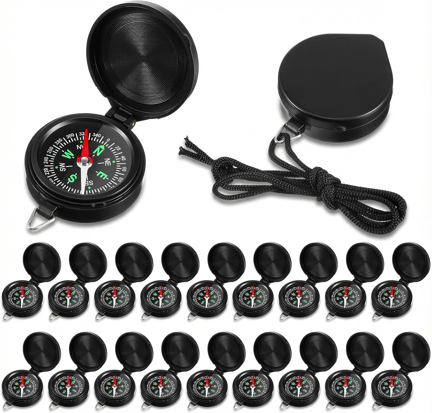 24 Pcs Survival Compass Bulk Set, Mini Pocket Compass with Hanging Rope for Outdoor Hiking, Camping, Hunting, Climbing and Navigation (Black)