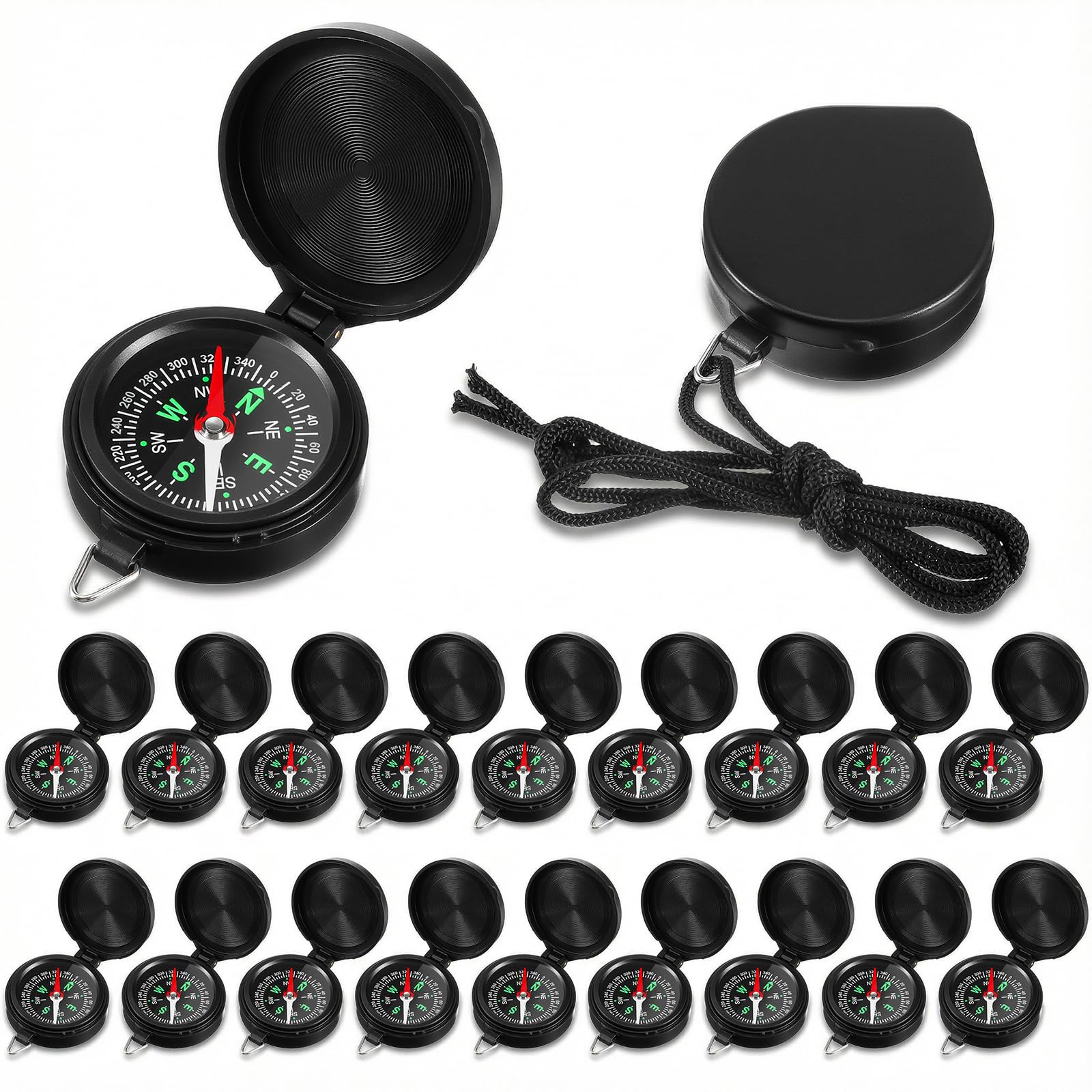 Lot de 24 boussoles de survie en vrac, mini boussole de poche avec corde de suspension pour randonnée, camping, chasse, escalade et navigation (noir)