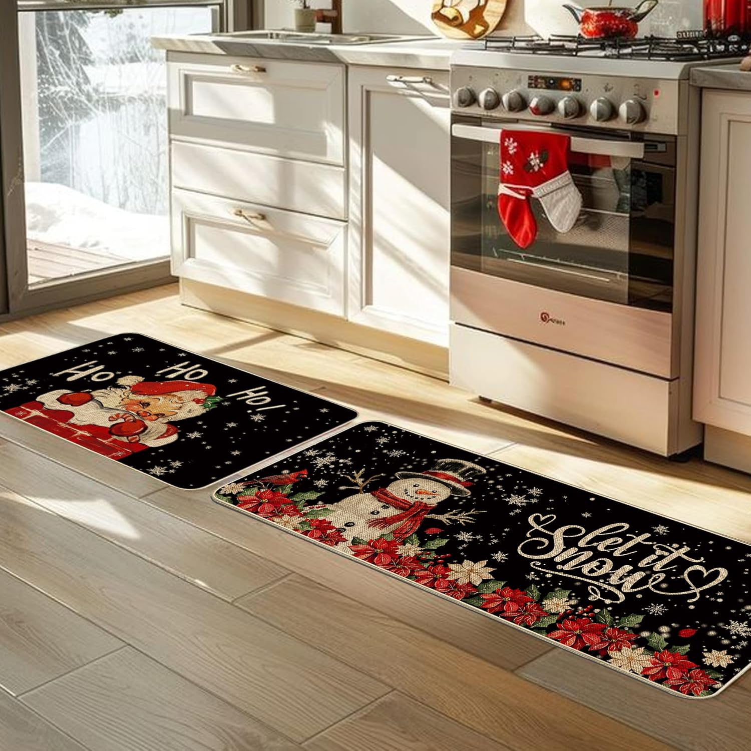 Christmas Santa Claus Snowman Kitchen Mats Set of 2, Let It Snow Kitchen Rugs Winter Poinsettia Red Bird Floor Non-Slip Low Profile Mat Seasonal Farmhouse Home Decor 17x29 and 17x47 Inch