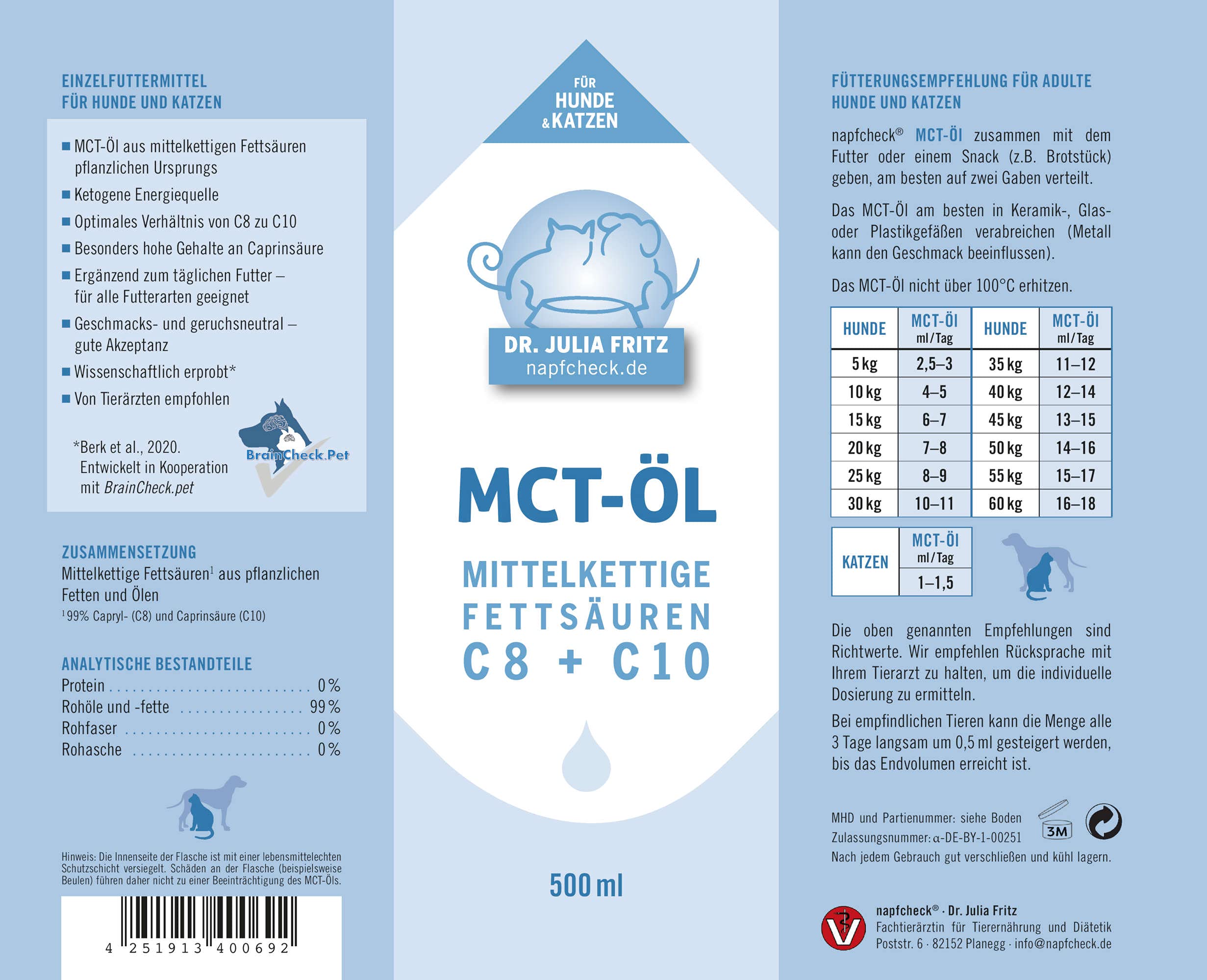 napfcheck MCT Öl - mittelkettige Fettsäuren C8 und C10 - für Hunde und Katzen - 500 ml