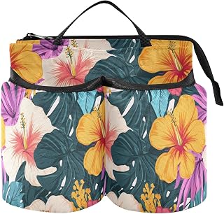 Airport Cup Holder Adjustable Hawaiian Tropical Flowers Palm Leaves Colorful Holder with Strap Hold Two Coffee Mugs for World Travelers