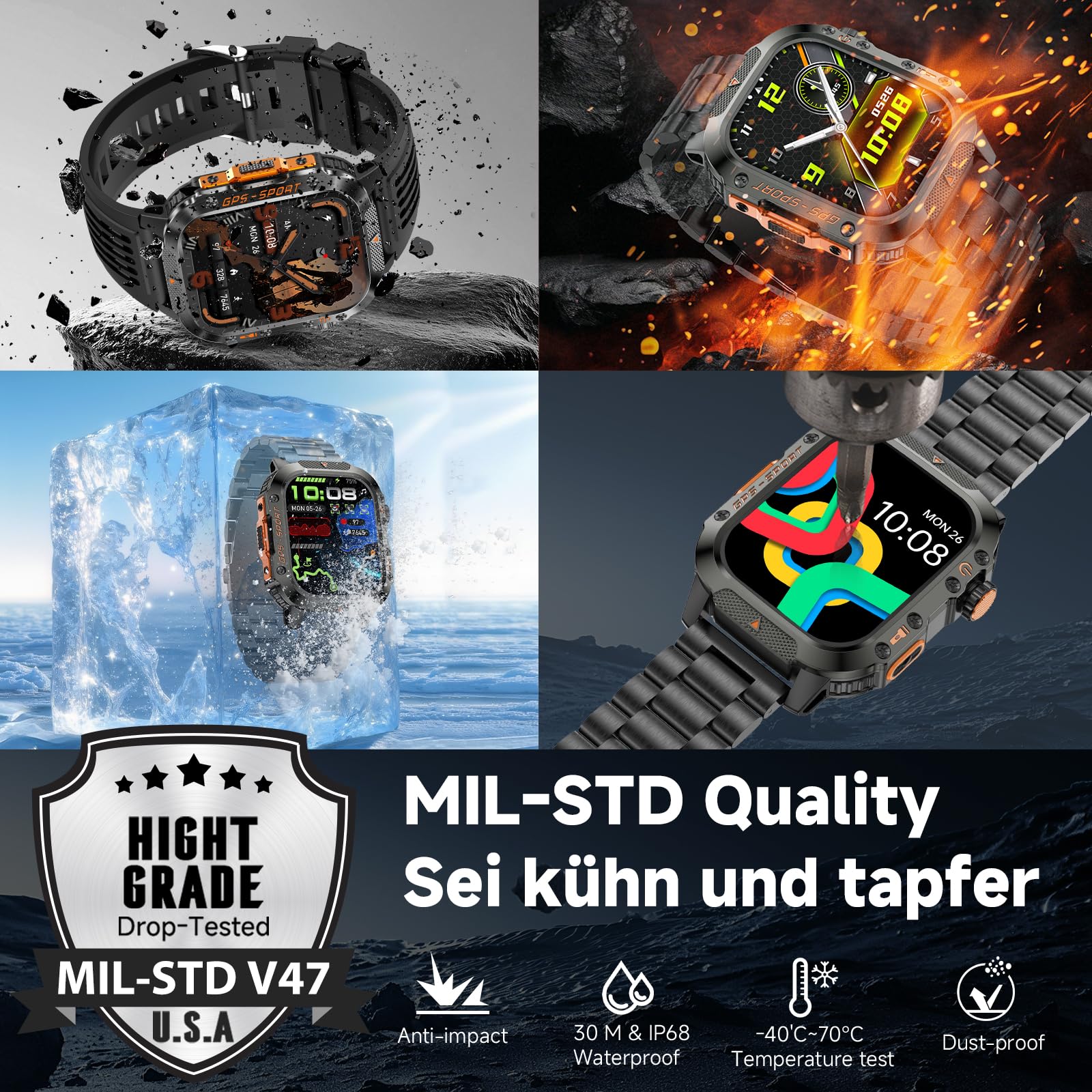 GPS Smartwatch Herren Schwarz Uhr Kompass Luftdruck Telefonfunktion Schlafmonitor Herzfrequenz Schrittzähler Sportuhr Militär Wasserdicht 2,01" Touchscreen 540mAh Akkulaufzeit (2 Uhrbänder)