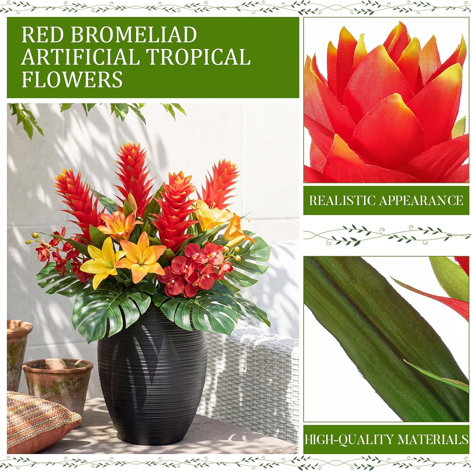 Hotop 4 Pcs 16 Inch Red Bromeliad Artificial Tropical Flowers, Silk Real to Touch Indoor Faux Tropical Imitation Plant Flower for Vase Table Centerpieces, Home, Kitchen, Shelf and Office Decor