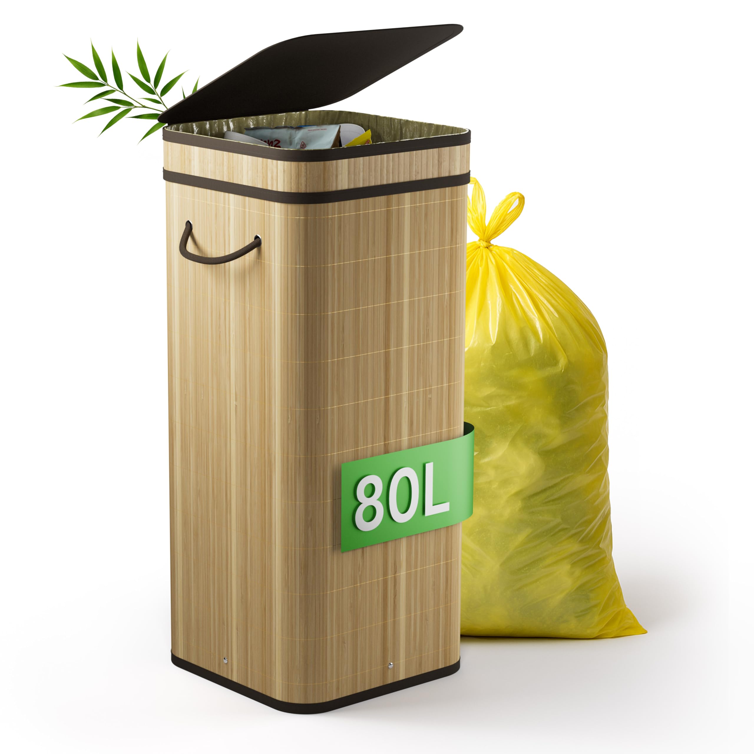 NewHabitat Gelber Sack Ständer Bambus 80L – Müll-Behälter mit Deckel